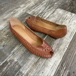Silhouette 8 D Leather Woven Heels Vintage Boho Peep Toe Made in Brazil Cognac